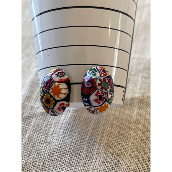 Vintage Millefiori Clip-On Earrings With Colorful Floral Glass Design - Picture 13 of 13